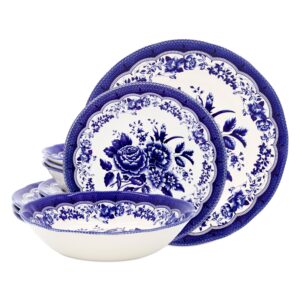 TUDOR ROYAL 12-Piece Porcelain Round Dinnerware Set, Service for 4, VICTORIA BLUE Design, Blue Floral, Plates Bowls Dishes, Premium Quality Tableware, Unique Pattern, Glossy