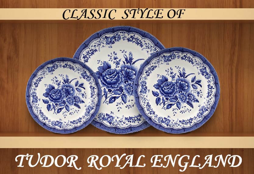 TUDOR ROYAL 12-Piece Porcelain Round Dinnerware Set, Service for 4, VICTORIA BLUE Design, Blue Floral, Plates Bowls Dishes, Premium Quality Tableware, Unique Pattern, Glossy