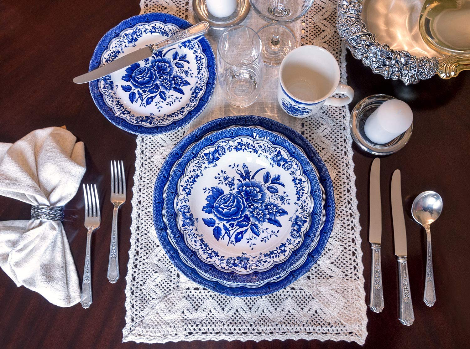 TUDOR ROYAL 12-Piece Porcelain Round Dinnerware Set, Service for 4, VICTORIA BLUE Design, Blue Floral, Plates Bowls Dishes, Premium Quality Tableware, Unique Pattern, Glossy