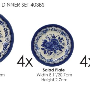 TUDOR ROYAL 12-Piece Porcelain Round Dinnerware Set, Service for 4, VICTORIA BLUE Design, Blue Floral, Plates Bowls Dishes, Premium Quality Tableware, Unique Pattern, Glossy