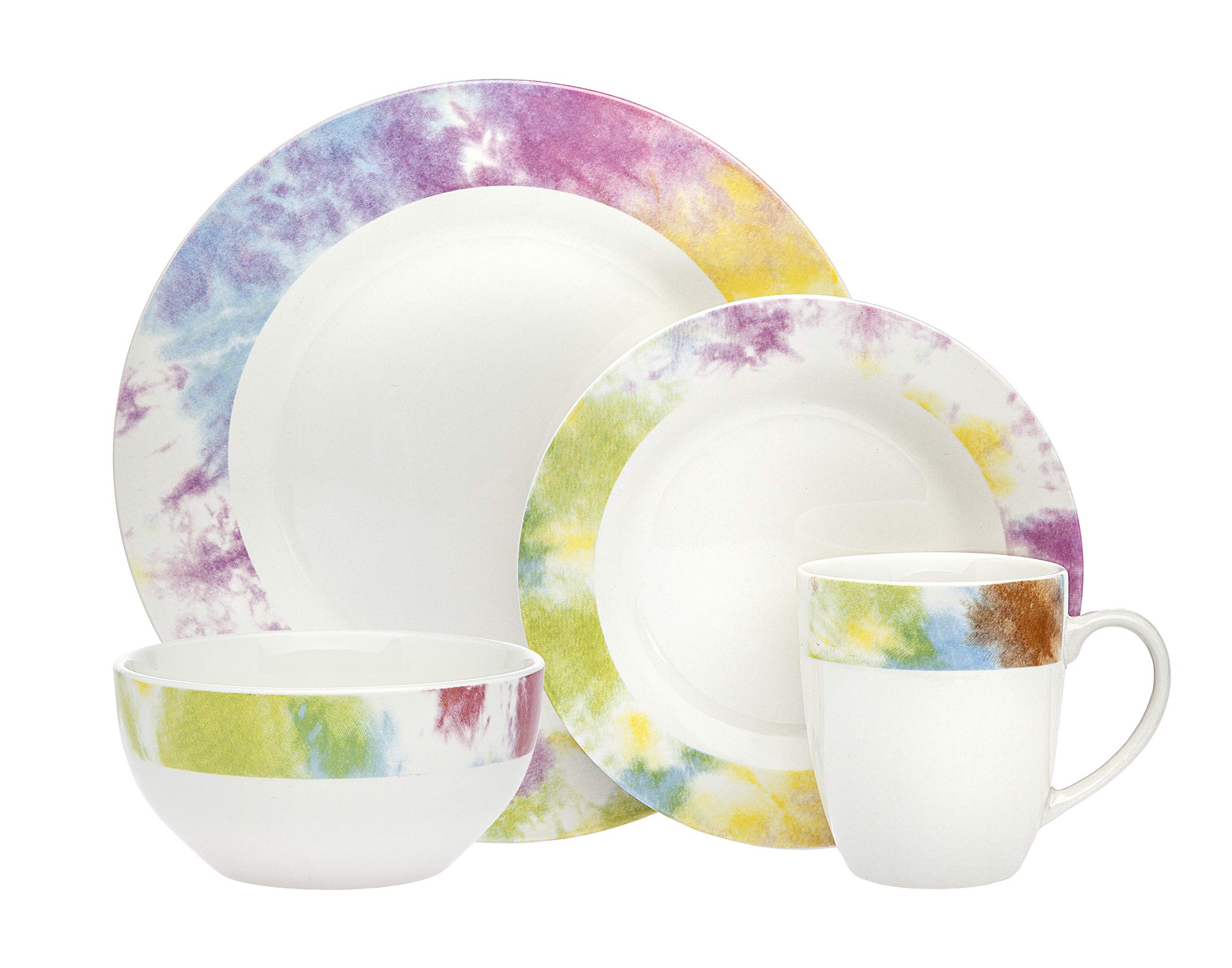 Godinger Dinnerware Set Tie Dye Edge Dinner, Salad Plate, Soup Bowl, and Mug- Bone China - 16 Piece set