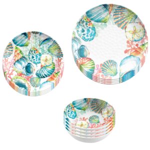 TarHong Sandbar Brights 12 Piece Dinnerware Set for Indoor/Outdoor, Pure Melamine Shatterproof,4 Dinner Plates, 4 Salad Plates, 4 Bowls