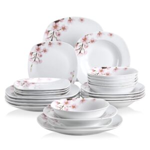 veweet, series annie, 24-piece white dinnerware sets for 6, porcelain plates and bowls sets with pink floral including dinner plates, dessert plates, soup plates and bowls