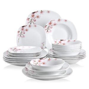 VEWEET, Series Annie, 24-Piece White Dinnerware Sets for 6, Porcelain Plates and Bowls Sets with Pink Floral including Dinner Plates, Dessert Plates, Soup Plates and Bowls