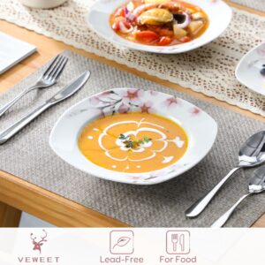 VEWEET, Series Annie, 24-Piece White Dinnerware Sets for 6, Porcelain Plates and Bowls Sets with Pink Floral including Dinner Plates, Dessert Plates, Soup Plates and Bowls