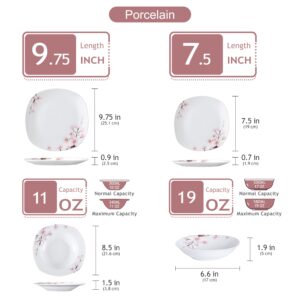 VEWEET, Series Annie, 24-Piece White Dinnerware Sets for 6, Porcelain Plates and Bowls Sets with Pink Floral including Dinner Plates, Dessert Plates, Soup Plates and Bowls