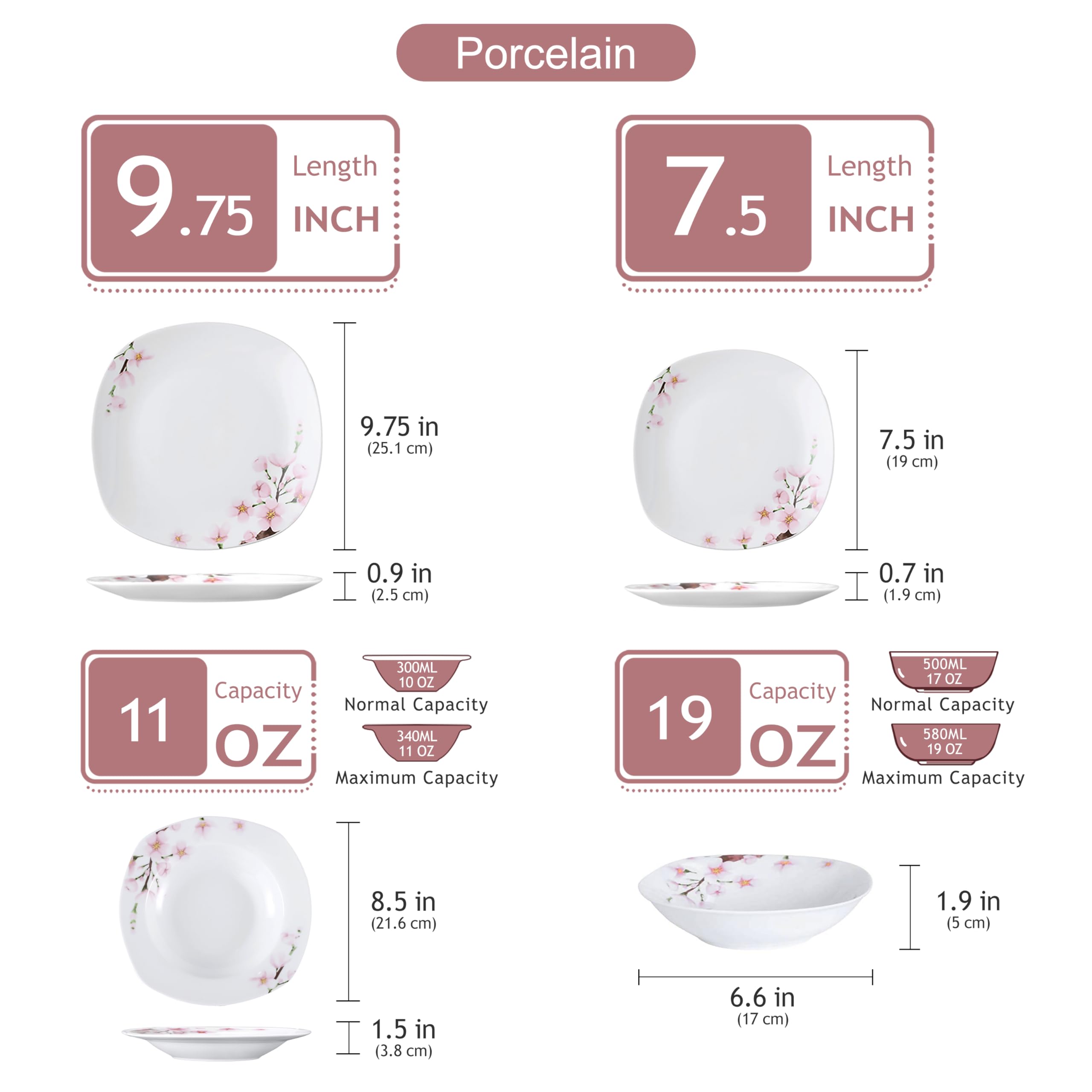 VEWEET, Series Annie, 24-Piece White Dinnerware Sets for 6, Porcelain Plates and Bowls Sets with Pink Floral including Dinner Plates, Dessert Plates, Soup Plates and Bowls