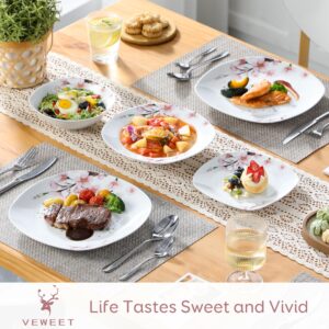 VEWEET, Series Annie, 24-Piece White Dinnerware Sets for 6, Porcelain Plates and Bowls Sets with Pink Floral including Dinner Plates, Dessert Plates, Soup Plates and Bowls