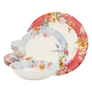 tudor royal 12-piece round porcelain dinnerware set, service for 4 - crimson design, multicolor floral, plates bowls mugs dishes, premium quality tableware, unique pattern, glossy