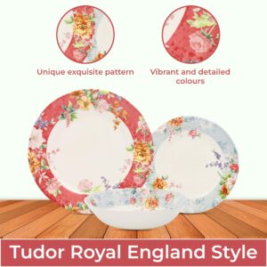 TUDOR ROYAL 12-Piece Round Porcelain Dinnerware Set, Service for 4 - CRIMSON Design, Multicolor Floral, Plates Bowls Mugs Dishes, Premium Quality Tableware, Unique Pattern, Glossy