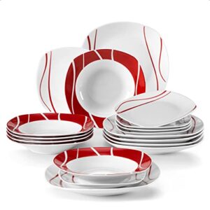 malacasa dinnerware sets, 18-piece porcelain square dishes, gray white with red rim, modern dish set for 6 - plates and bowls sets, ideal for dessert, salad, and pasta - series felisa