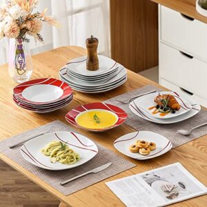 MALACASA Dinnerware Sets, 18-Piece Porcelain Square Dishes, Gray White with Red Rim, Modern Dish Set for 6 - Plates and Bowls Sets, Ideal for Dessert, Salad, and Pasta - Series FELISA