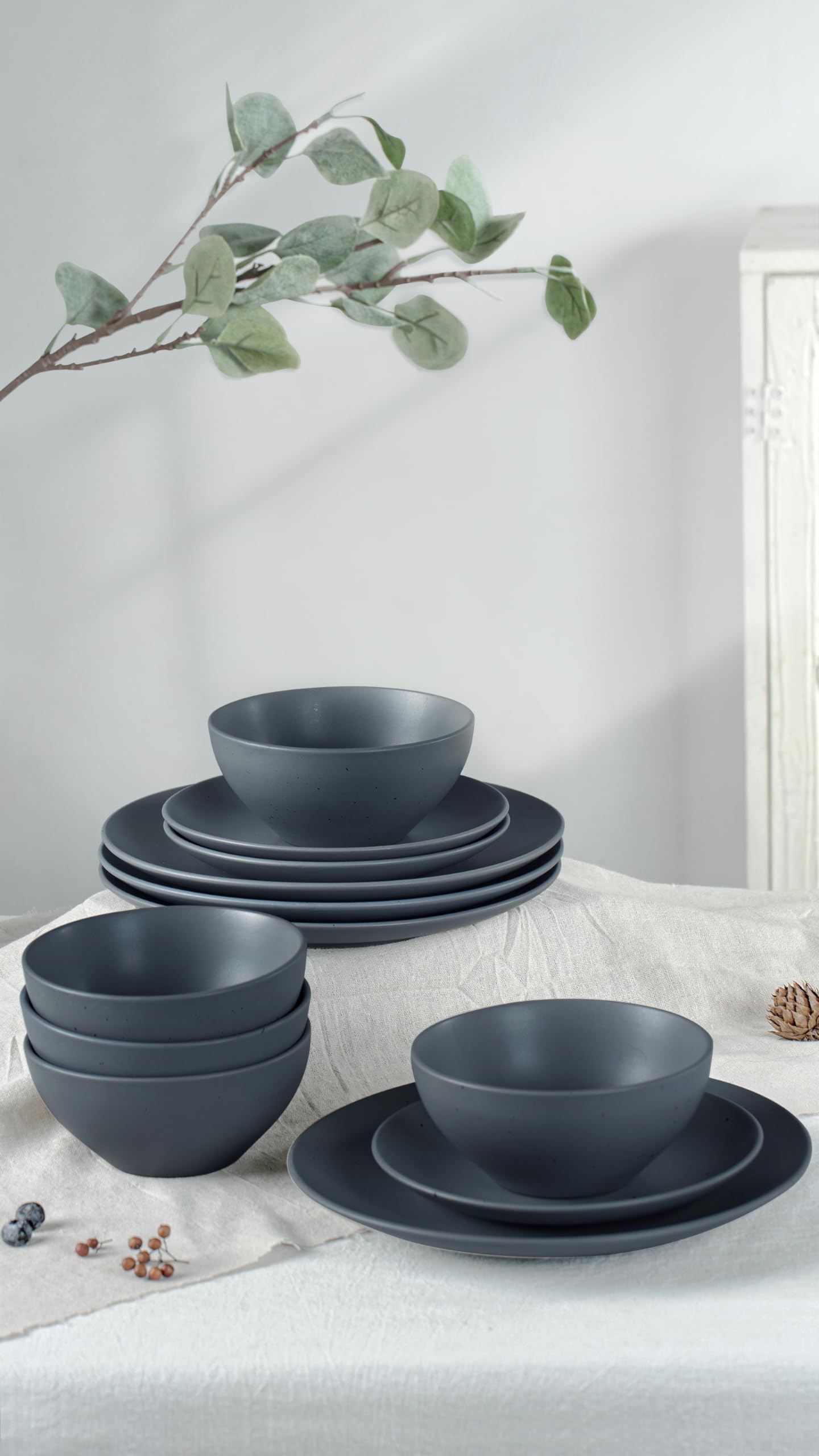 Famiware Moon Dinnerware Sets for 4, 12 Piece Stoneware Plates and Bowls Sets with Speckled Design, Matte Dish Set, Microwave and Dishwasher Safe, Charcoal