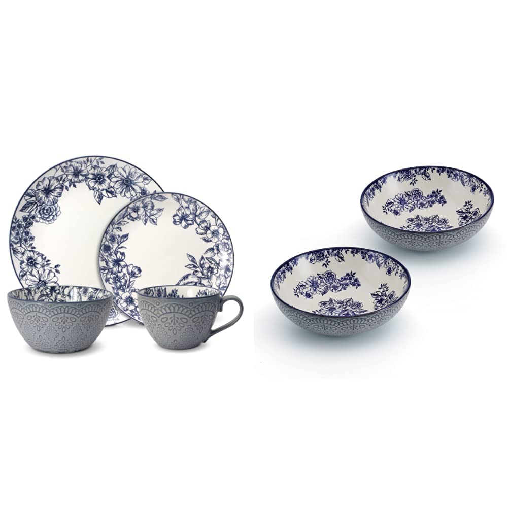 Pfaltzgraff Gabriela Blue 16-Piece Dinnerware Set, Service for 4 and Pfaltzgraff Gabriela Blue Floral Set of 2 Pasta Bowls, 8 Inch, Teal and White