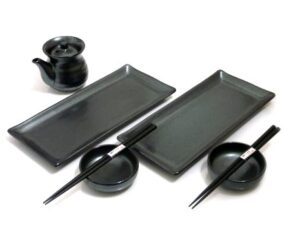 sushi set made in japan - mysushiset 7 piece black crystal ceramic sushi plate set with matching soy sauce dispenser