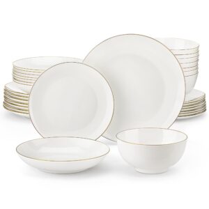 MALACASA Dinnerware Sets for 8, 32 Piece Fine Bone China Dinnerware Set with Golden Rim, Lightweight Round Dinner Set with Dishes, Plates and Bowls Sets, Modern Kitchen Dish Set, Series NORI