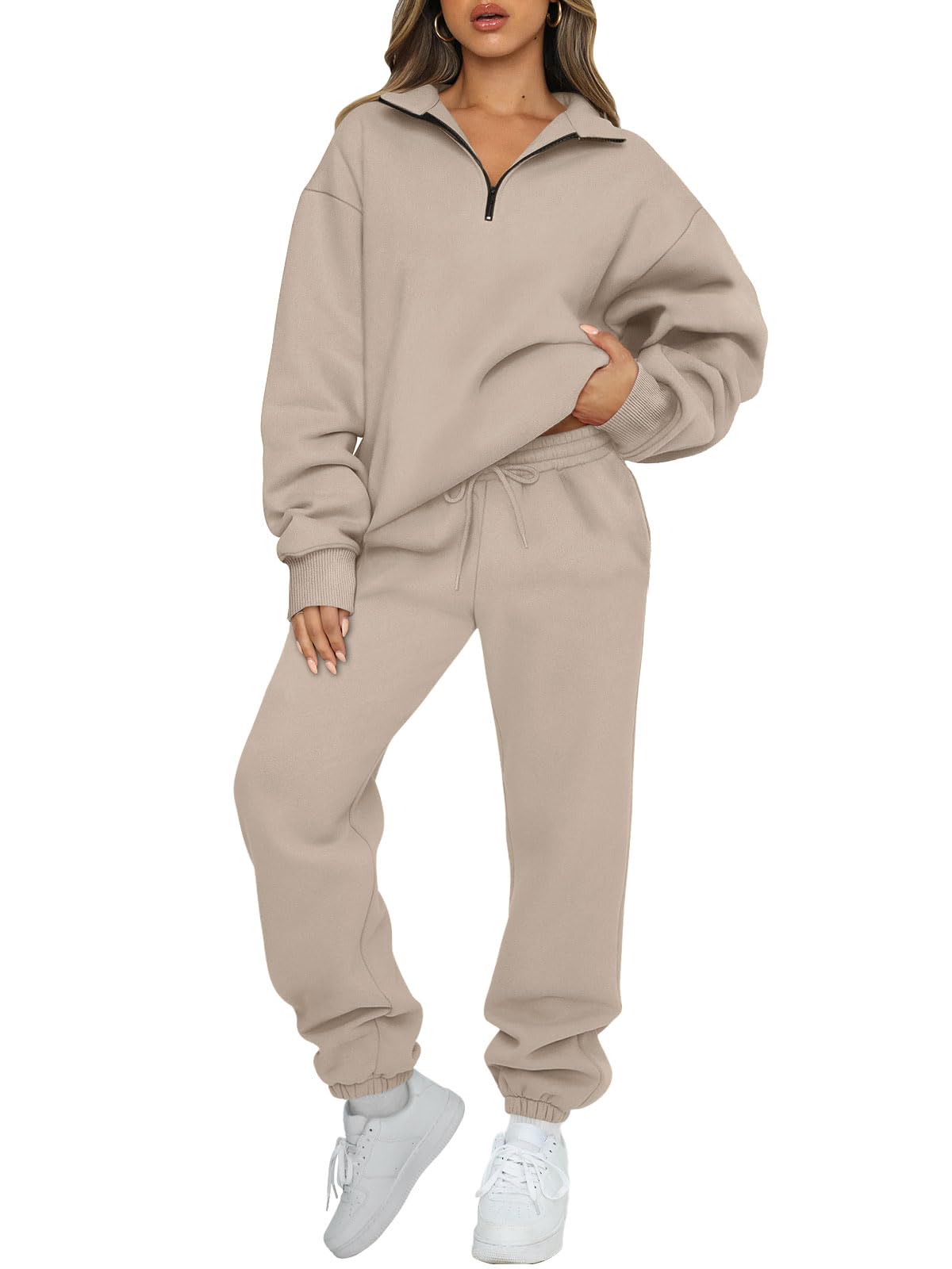 AUTOMET Womens Winter 2 Piece Thanksgiving Outfits Long Sleeve Sweatsuits Half Zip Sweatshirts with Sweatpants