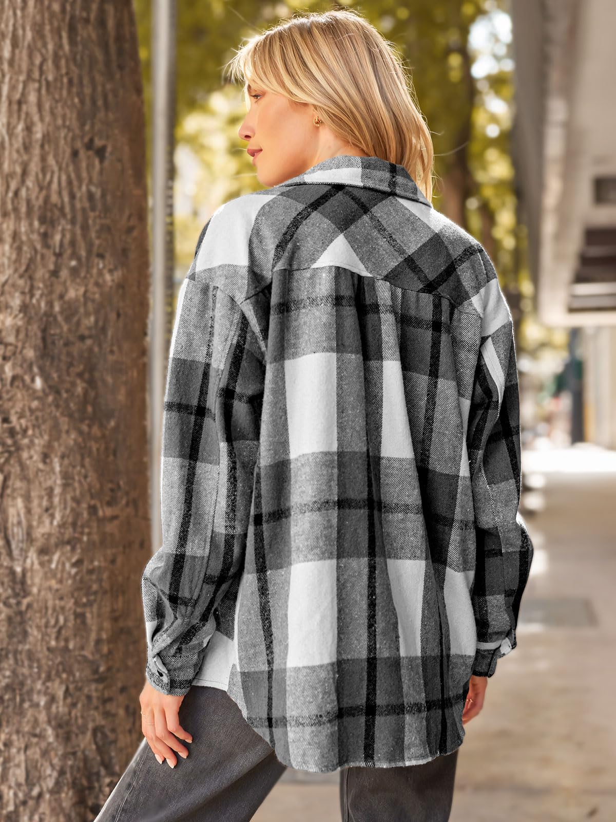 AUTOMET Womens Fall Outfits Fashion Clothes Tops Oversized Flannel Jackets Shirts Button Down Long Sleeve Shacket Blouse 2024 Grey