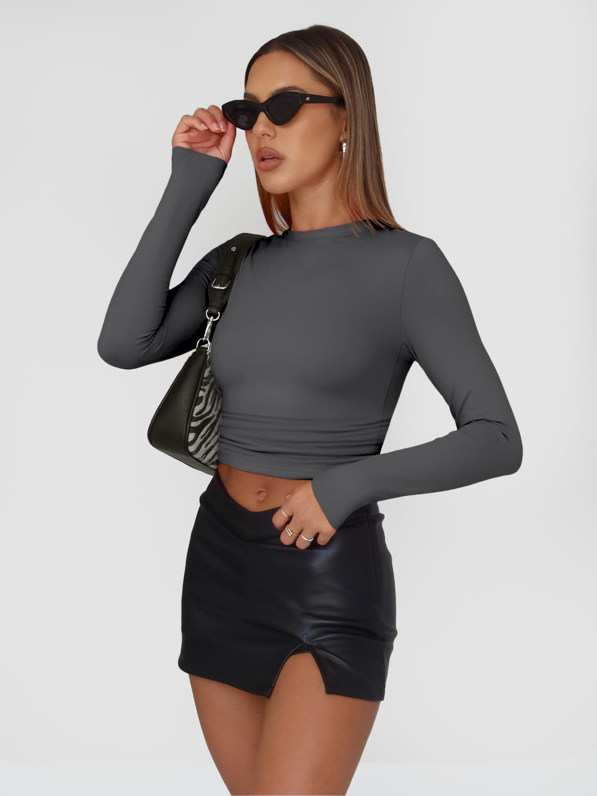 Trendy Queen Long Sleeve Shirts for Women Basic Spring Crop Tops Tight Slim Fit Cute Going Out Outfits Teen Girls Fall Winter Y2k Clothes 2024 Gray