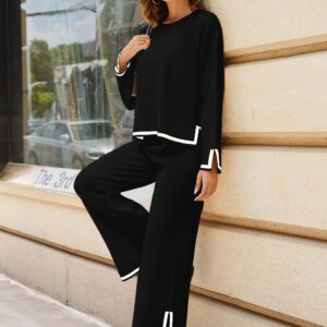 Tanming Women's 2 Piece Outfits Long Sleeve Knit Sweater Top Wide Leg Pants Lounge Sets Tracksuits (Black-M)