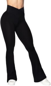 sunzel flare leggings, crossover yoga pants with tummy control, high-waisted and wide leg, 30" inseam, black large