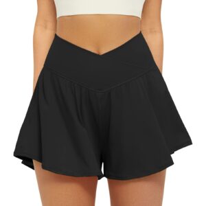 fireswan crossover athletic shorts for women 2 in 1 flowy running shorts with pockets spandex butterfly workout tennis skorts black