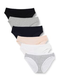 amazon essentials women's cotton bikini brief underwear (available in plus size), pack of 6, multicolor/heather/stripe, large