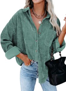 dokotoo womens corduroy shirts button down v neck long sleeve blouse casual roll up cuffed tops with pockets l green