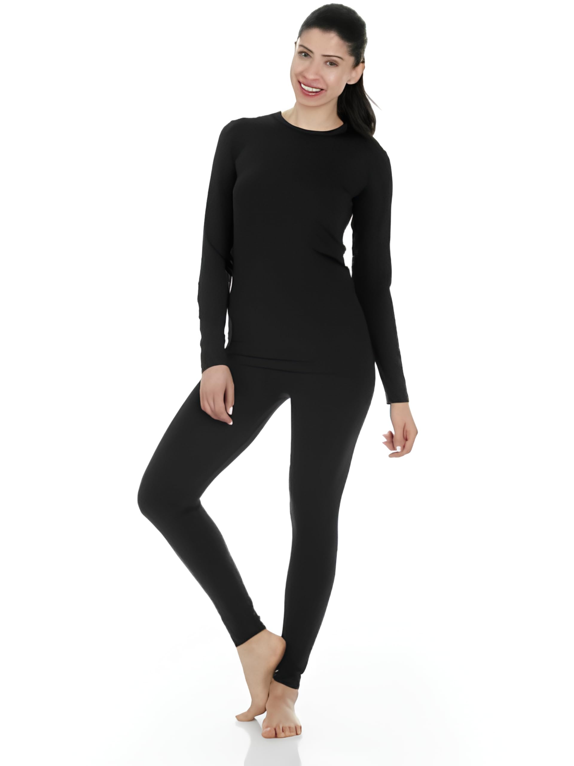 Thermajane Long Johns Thermal Underwear for Women Fleece Lined Base Layer Pajama Set Cold Weather (Small, Black)