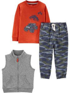 simple joys by carter's boys' 3-piece fleece vest, long-sleeve shirt, and woven pant playwear set, grey heather/navy camo/orange trucks, 2t