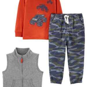 Simple Joys by Carter's Boys' 3-Piece Fleece Vest, Long-Sleeve Shirt, and Woven Pant Playwear Set, Grey Heather/Navy Camo/Orange Trucks, 2T