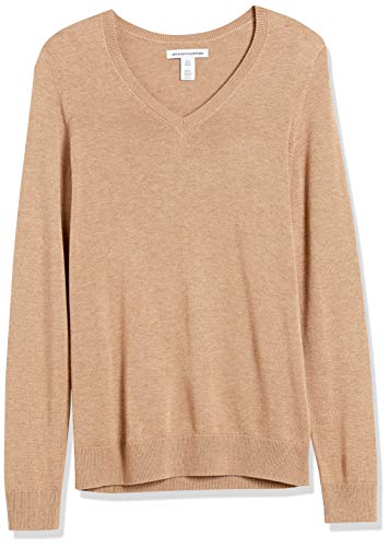 Amazon Essentials Women's Classic-Fit Lightweight Long-Sleeve V-Neck Sweater (Available in Plus Size), Camel Heather, Medium