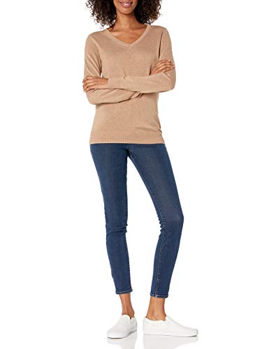 Amazon Essentials Women's Classic-Fit Lightweight Long-Sleeve V-Neck Sweater (Available in Plus Size), Camel Heather, Medium