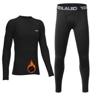 telaleo boys' girls' long sleeve compression shirts thermal fleece lined kids athletic sports tops leggings baselayer set l