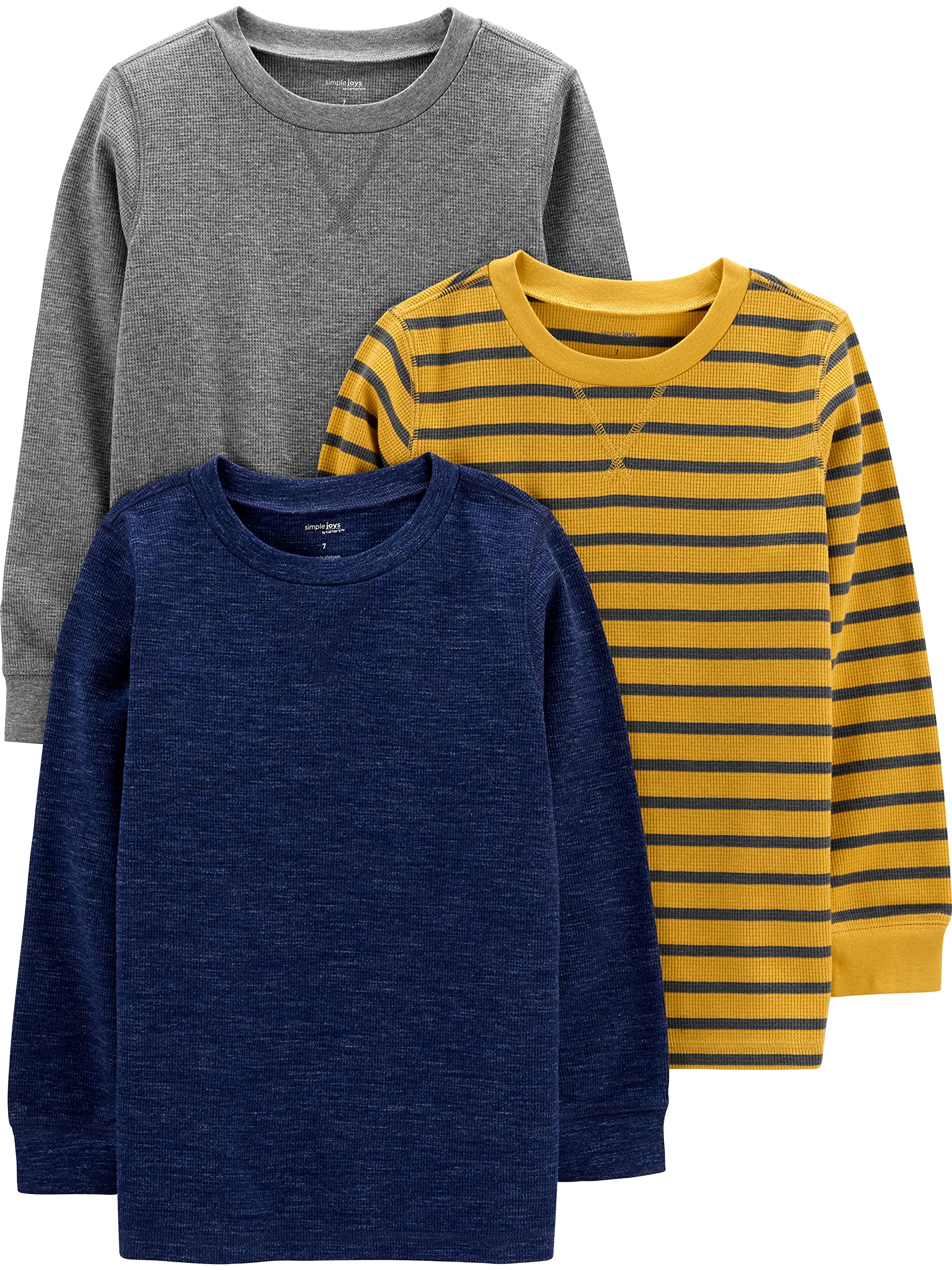 Simple Joys by Carter's Boys' 3-Pack Thermal Long Sleeve Shirts, Grey/Navy Heather/Yellow Stripe, 2T