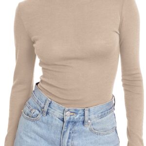 Trendy Queen Womens Fall Outfits 2024 Mock Turtleneck Long Sleeve Shirts Slim Fit Pullover Stretch Tight Basic Layering Soft Thermal Underwear Undershirts Fashion Beige