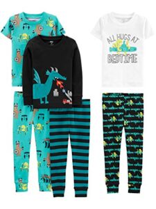 simple joys by carter's boys' 6-piece snug fit cotton pajama set, black dragon/turquoise blue octopus/white/stripe, 5t