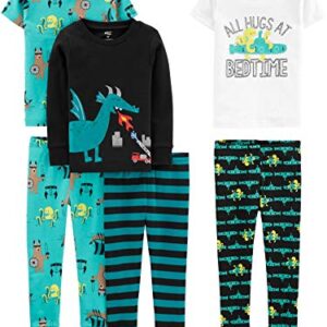 Simple Joys by Carter's Boys' 6-Piece Snug Fit Cotton Pajama Set, Black Dragon/Turquoise Blue Octopus/White/Stripe, 5T