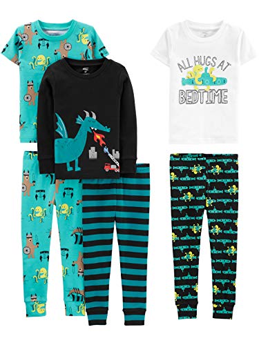 Simple Joys by Carter's Boys' 6-Piece Snug Fit Cotton Pajama Set, Black Dragon/Turquoise Blue Octopus/White/Stripe, 5T