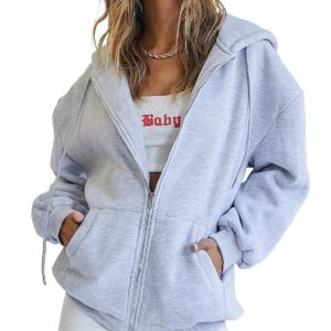 Trendy Queen Hoodies for Women Fall Outfits 2023 Zip up Oversized Sweatshirt Fleece Jackets Long Sleeve Comfy Winter Clothes Teen Girls Fashion Cute Y2K Clothing Grey