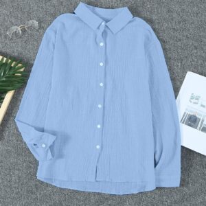 Astylish Women Fashion Clothing Long Sleeve Button Up Linen Shirts Business Casual Clothes Blue X-Large