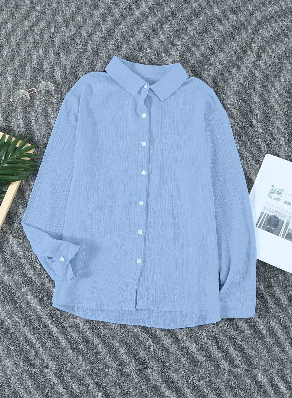 Astylish Women Fashion Clothing Long Sleeve Button Up Linen Shirts Business Casual Clothes Blue X-Large