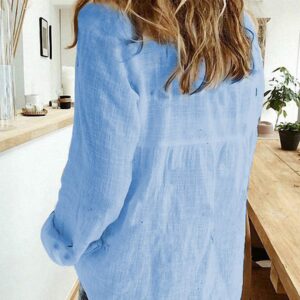 Astylish Women Fashion Clothing Long Sleeve Button Up Linen Shirts Business Casual Clothes Blue X-Large