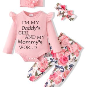 SUNNY PIGGY Baby Girl Clothes Newborn Outfit Infant Winter Fall Letter Print Flower Pants Set Long Sleeve Romper Baby Girl's Clothing with Headband 3-6 Months Pink 4PCS