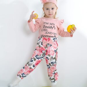 SUNNY PIGGY Baby Girl Clothes Newborn Outfit Infant Winter Fall Letter Print Flower Pants Set Long Sleeve Romper Baby Girl's Clothing with Headband 3-6 Months Pink 4PCS