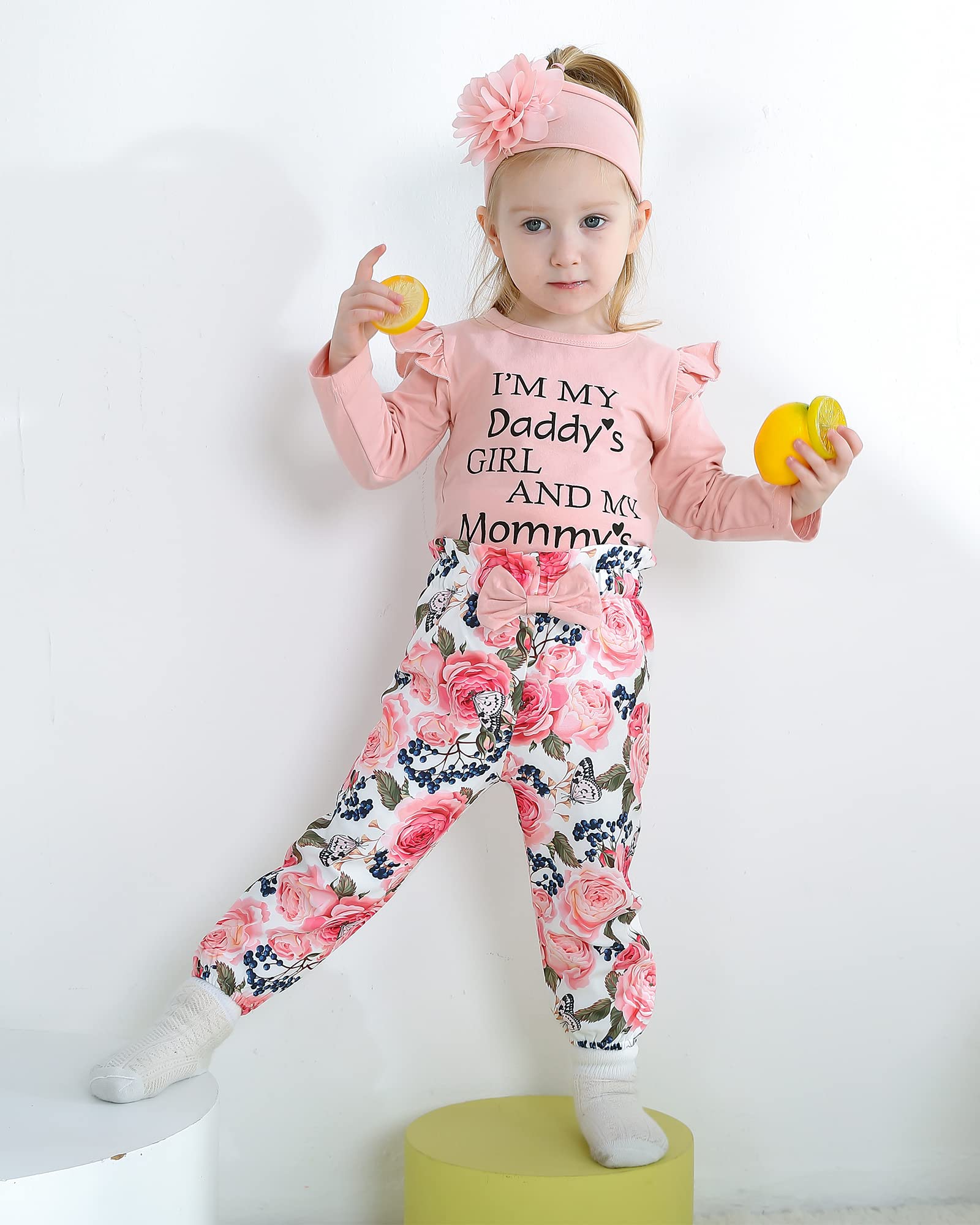 SUNNY PIGGY Baby Girl Clothes Newborn Outfit Infant Winter Fall Letter Print Flower Pants Set Long Sleeve Romper Baby Girl's Clothing with Headband 3-6 Months Pink 4PCS