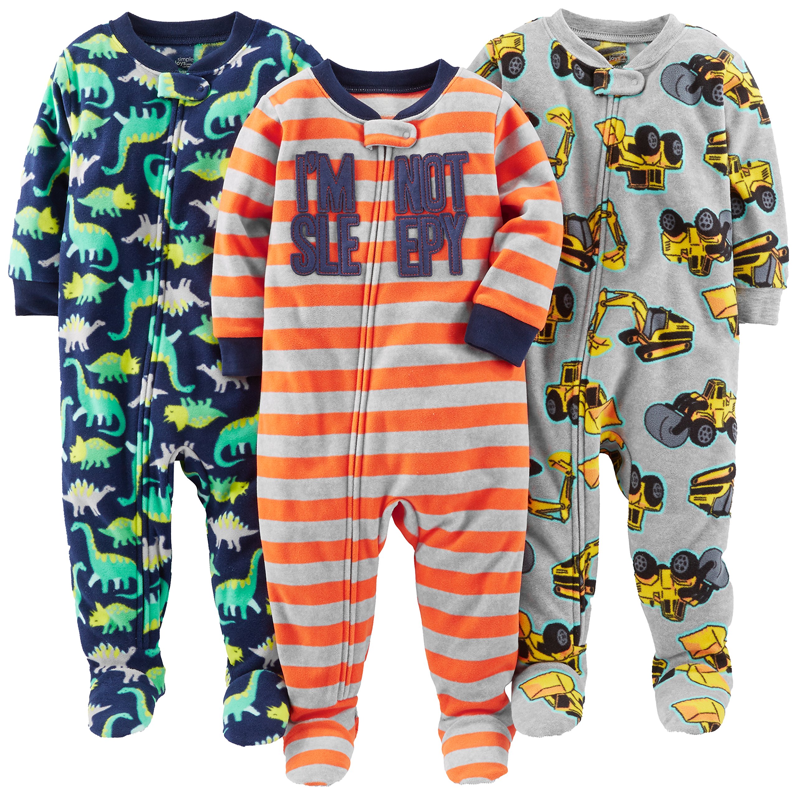 Simple Joys by Carter's Baby Boys' 3-Pack Loose Fit Flame Resistant Fleece Footed Pajamas, Grey Construction/Navy Dinosaur/Orange Stripe, 24 Months