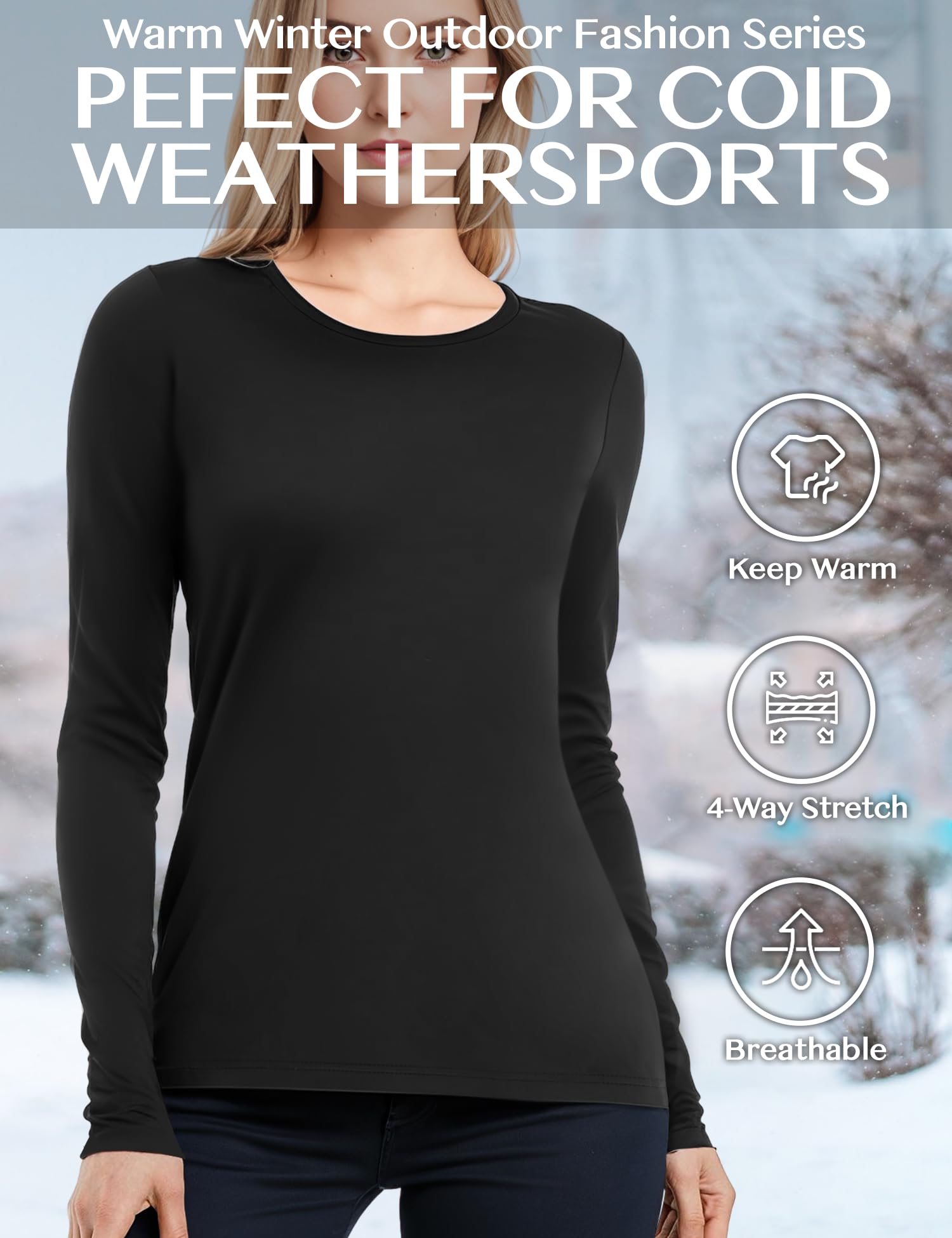 YOGINGO Women's Long Sleeve Thermal Underwear Lightweight Compression Base Layer Warm Shirt 2023 Stretchy Durable Women Fashion Clothing Fall Winter Fashion Premium Comfort XS-2XL Winter Tops Black