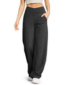 g4free petite wide leg pants for women flare dress pants with pockets cross waist stretch bootleg sweatpants for casual work(black,l,29")