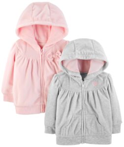 simple joys by carter's baby girls' 2-pack fleece full zip hoodies, light grey/pink, 24 months